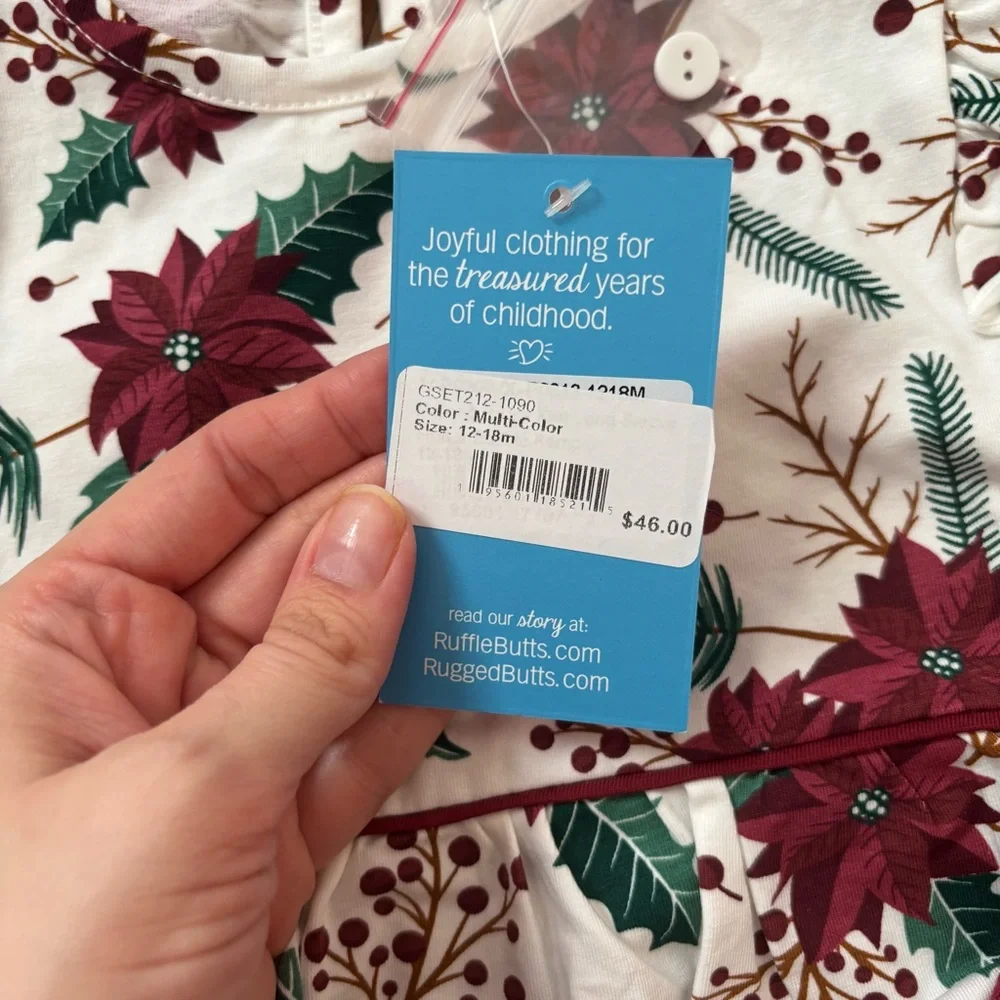 RuffleButts Holiday Bubble Romper in Poinsettia + Leggings Size 12 - 18 mo